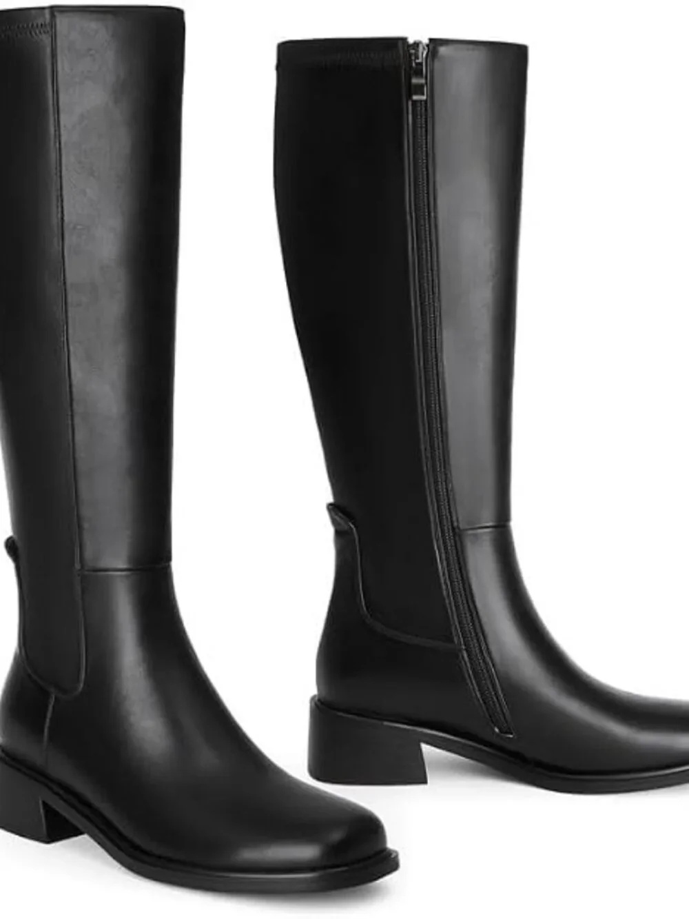 Women's Black Faux Leather Square Toe Knee High Stretch With Side Zipper Boots